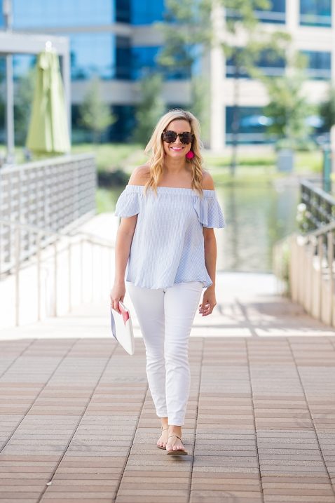 Striped Off The Shoulder Top and White Denim - Fancy Ashley