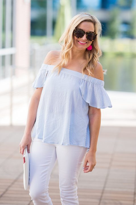 Striped Off The Shoulder Top and White Denim - Fancy Ashley