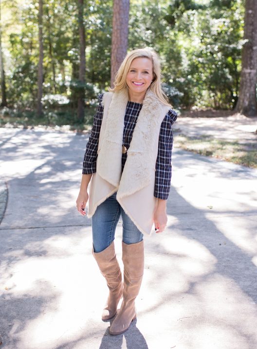 Over The Knee Boots, Faux Fur Vest and Denim - Fancy Ashley