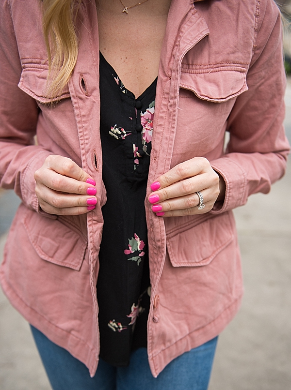 Pink Military Jacket, High Waisted Jeans and Floral Top Fancy Ashley